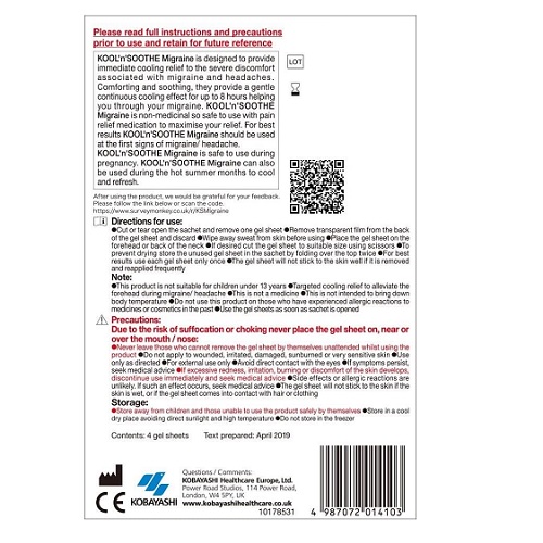 Kool n Soothe Cooling Migraine Headache Pain Relief Gel 4 Sheets - Image 2